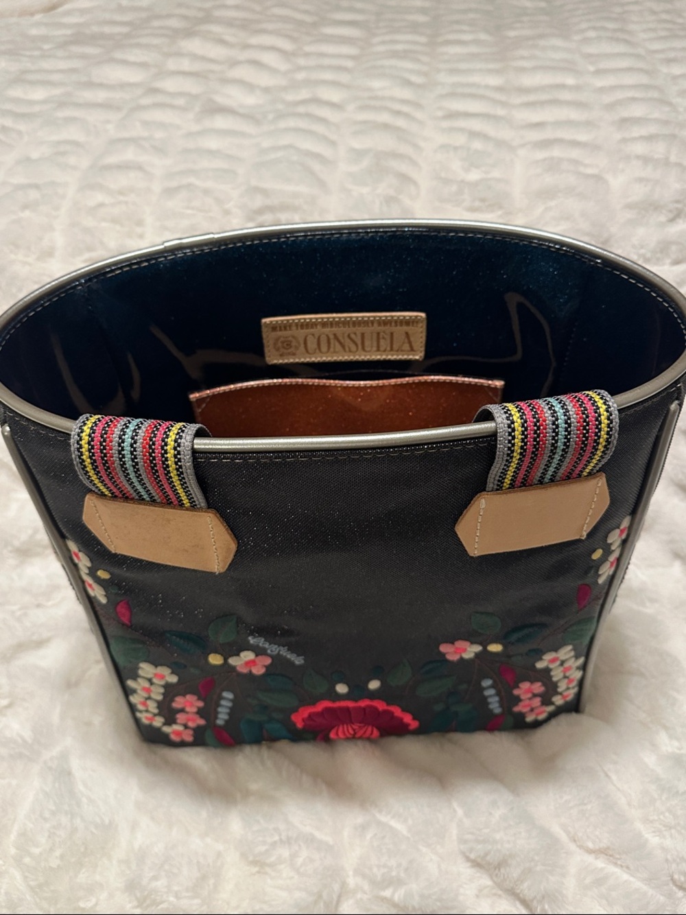 Consuela Black Floral Ava Tote with Multicolor Straps and Tan Accents
